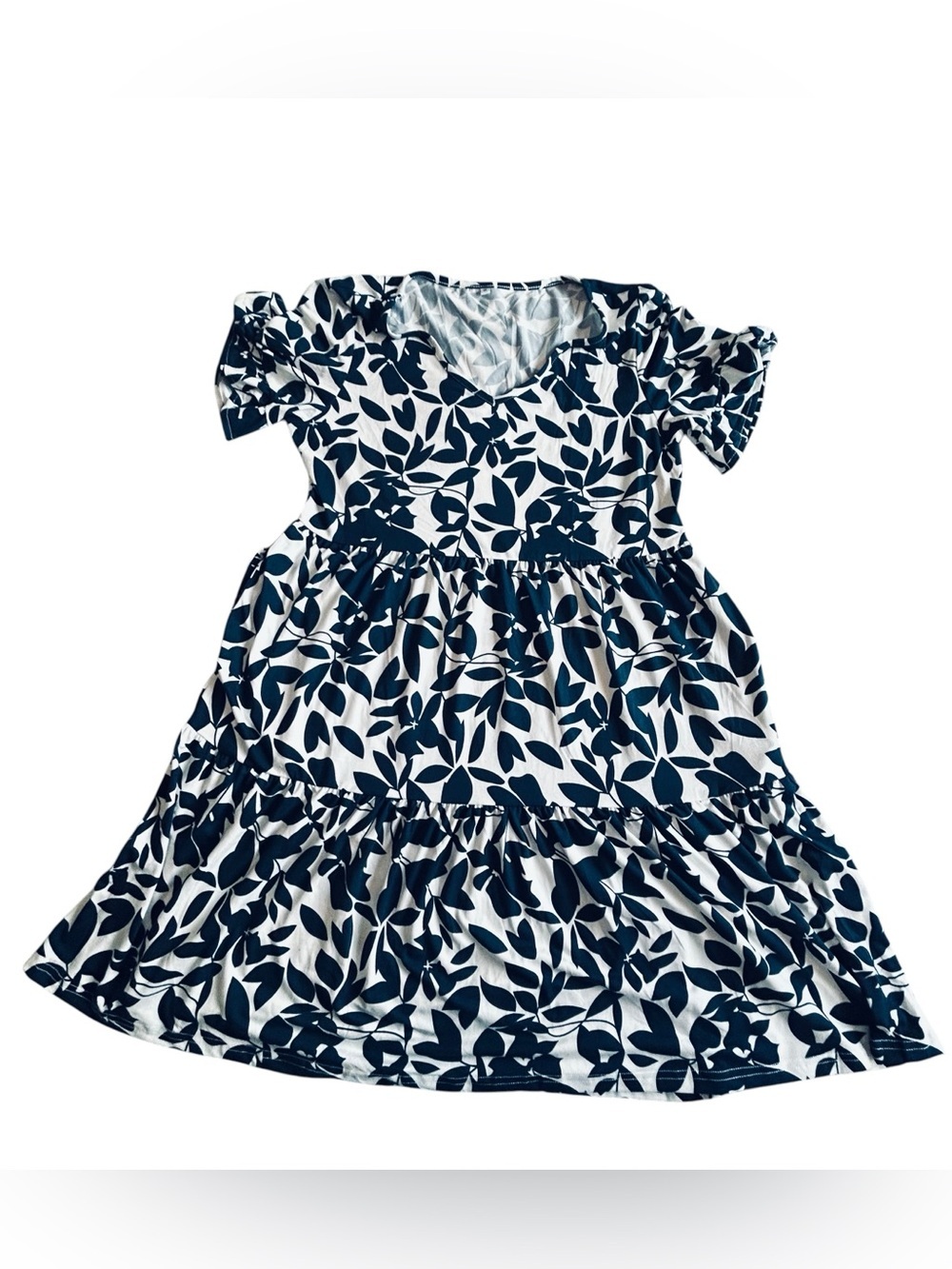 Navy and White Leaf Print Tiered Dress